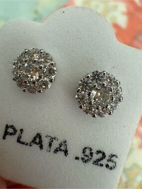 Italian Silver .925 Crystal Cluster Stud Earrings - Silver